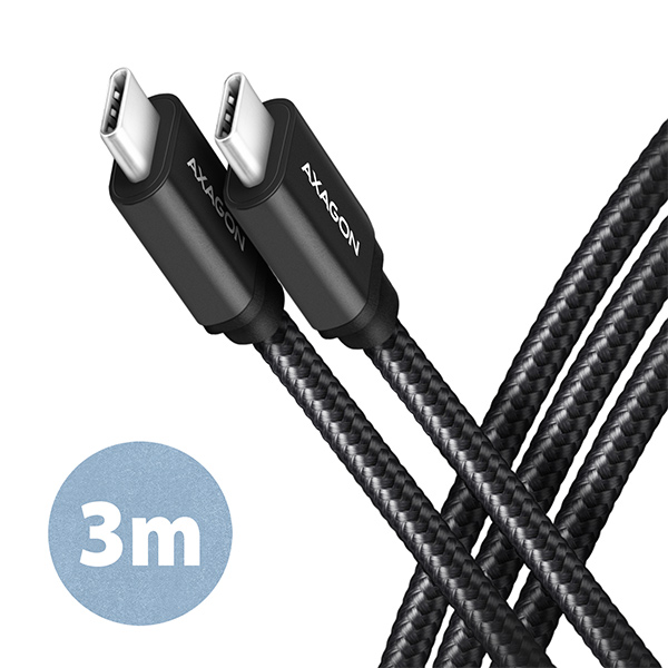 AXAGON BUCM3-CM30AB, SPEED kabel USB-C USB-C, 3m, USB 3.2 Gen 1, PD 60W 3A, ALU, oplet, černý