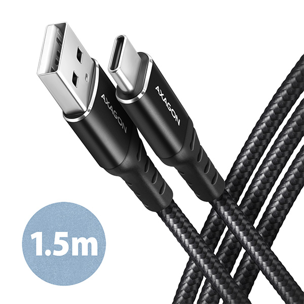 AXAGON BUCM-AM15AB, HQ kabel USB-C USB-A, 1.5m, USB 2.0, 3A, ALU, oplet, černý