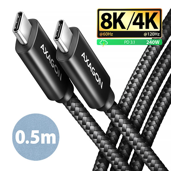 AXAGON BUCM4X-CM05AB NewGEN+ kabel USB-C USB-C, 0.5m, USB4 Gen 3×2, PD 240W 5A, 8K HD, ALU, oplet, černý