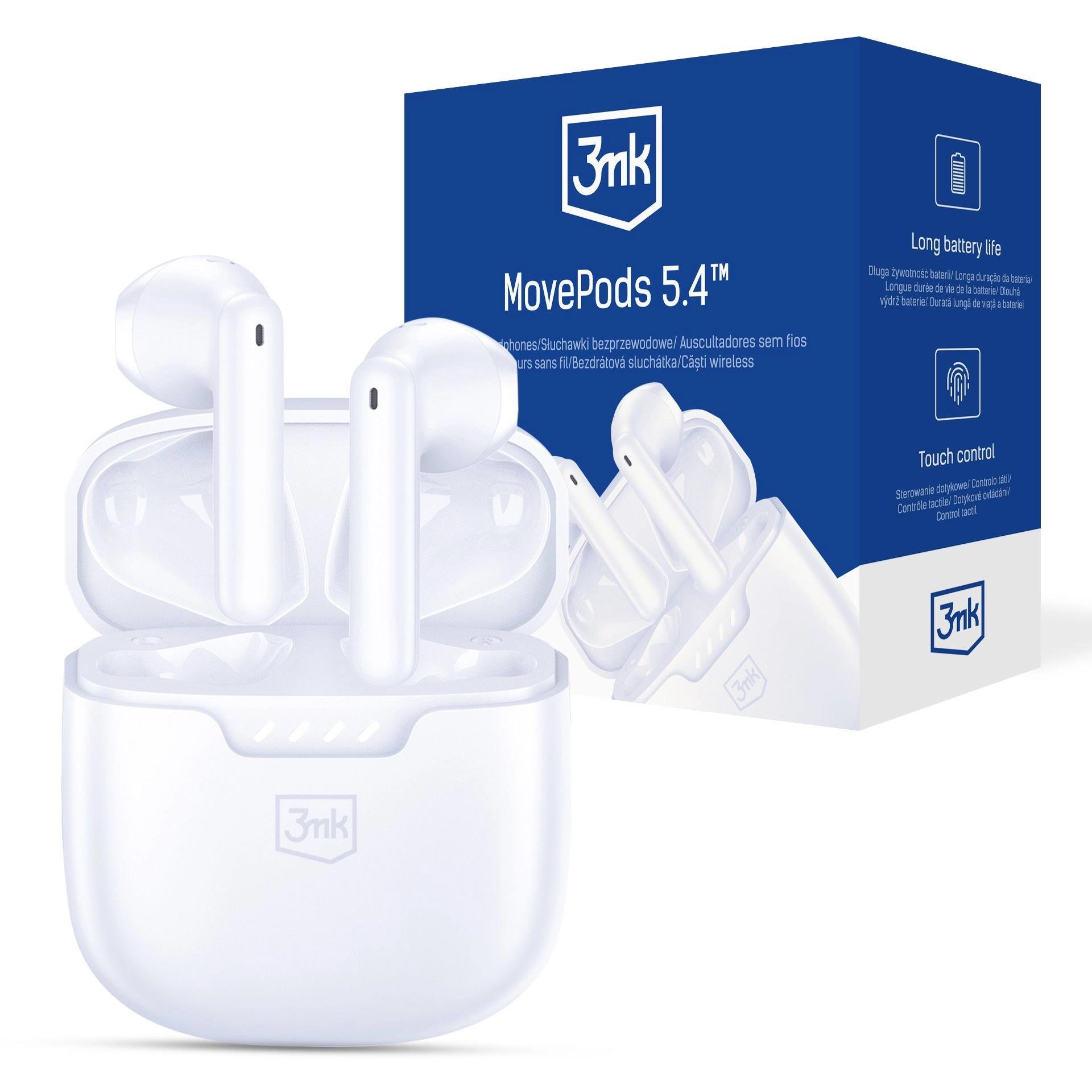3mk bezdrátová stereo sluchátka MovePods 5.4, stereo, nabíjecí pouzdro, bílá