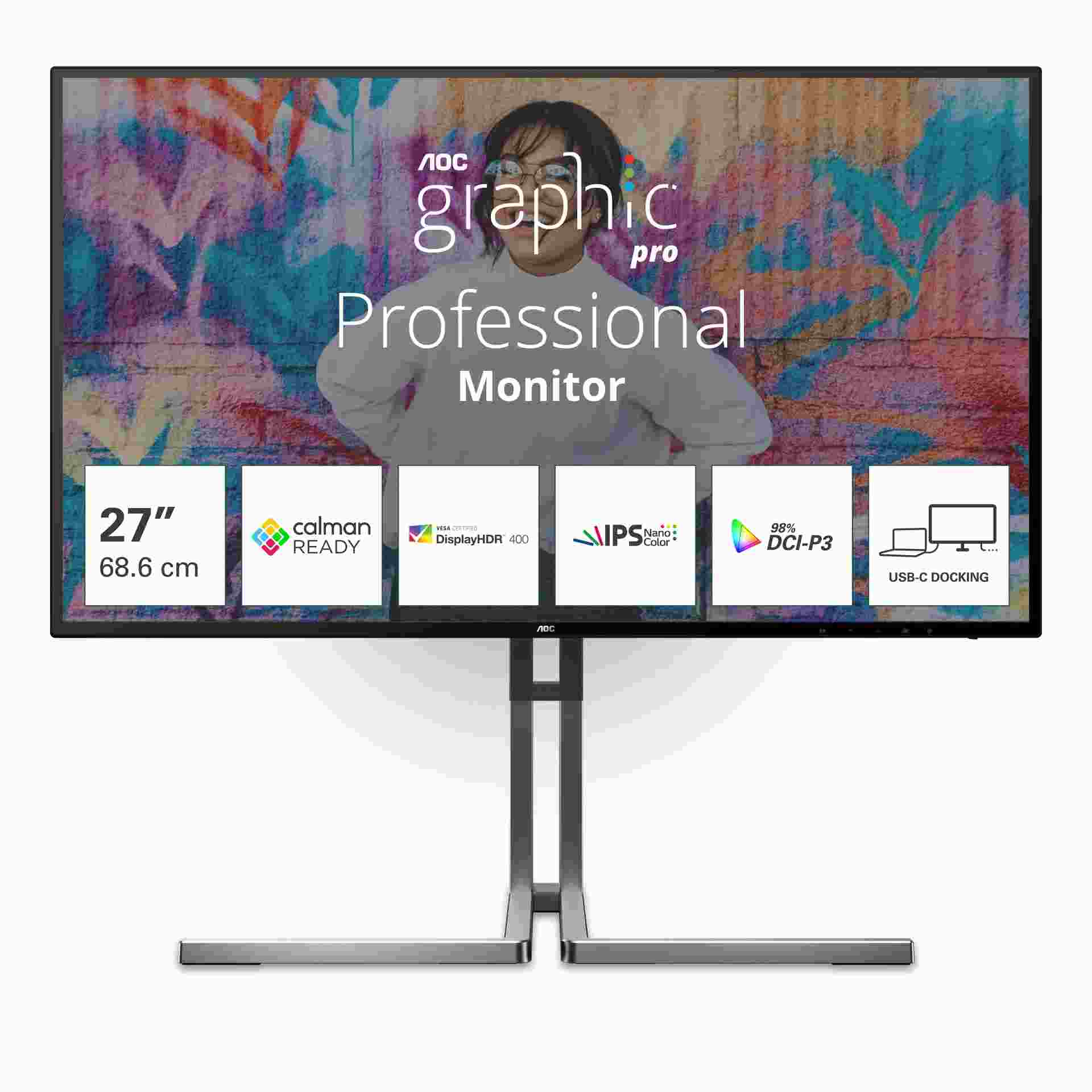 AOC MT IPS LCD WLED 27palcový U27U3CV - IPS nano color, 3840x2160, HDMI, DP, USB-C, USB 3.2, RJ45, pivot, repro