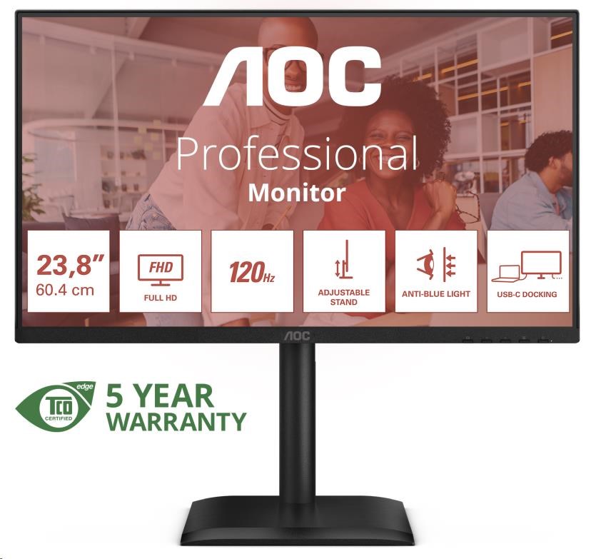 AOC MT 23,8palcový 24E4CV - 1920x1080,IPS,120Hz,1xHDMI,1xDP,USBhub,USB-C,PD,RJ45,Repro,Pivot