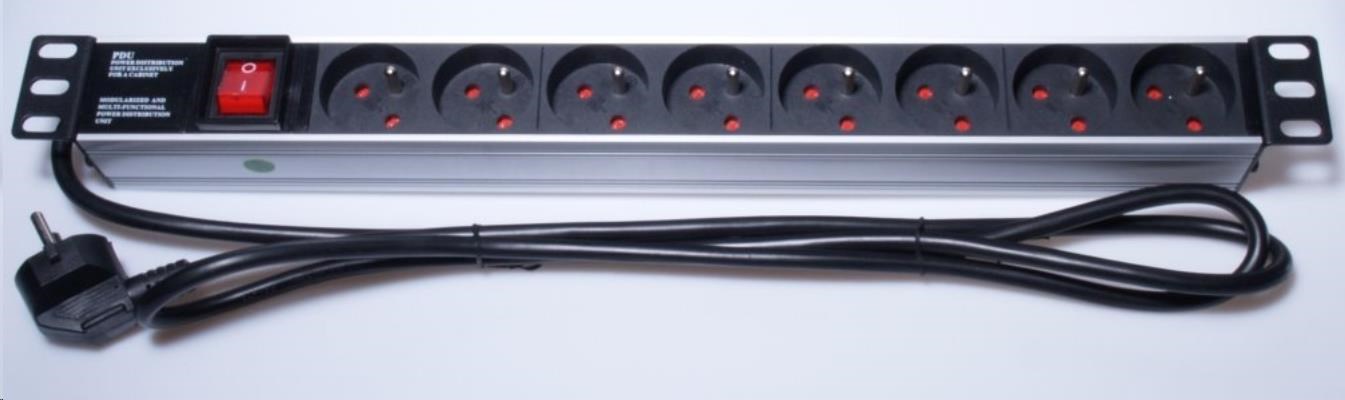 PremiumCord Panel napájecí 1U do 19 racku, 8x230V, 2m kabel, vypínač