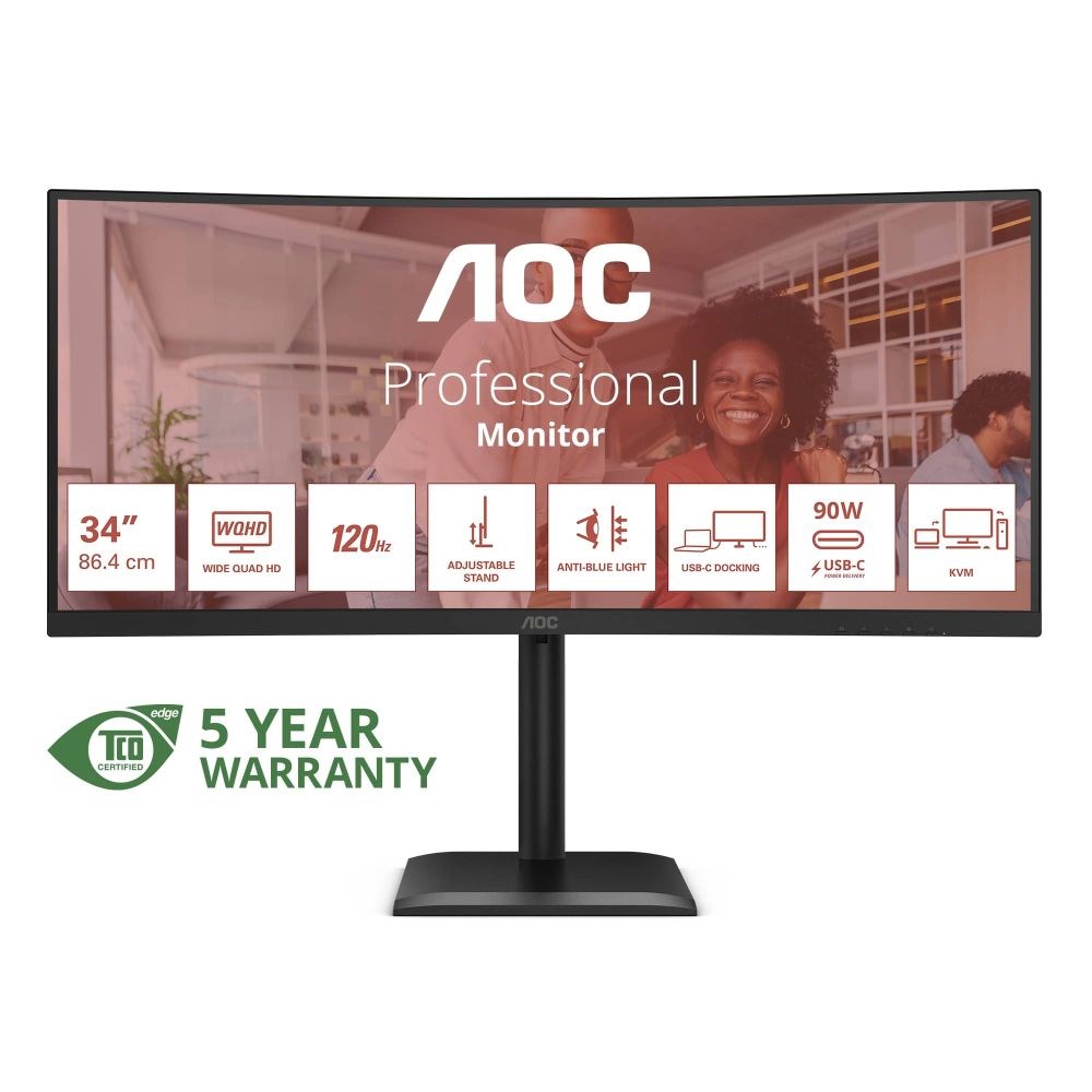 AOC MT 34palcový CU34E4CV - 3440x1440,VA,120Hz,HDR10,2xHDMI,DP,USBhub,USB-C,RJ45,repro,Zakřivený
