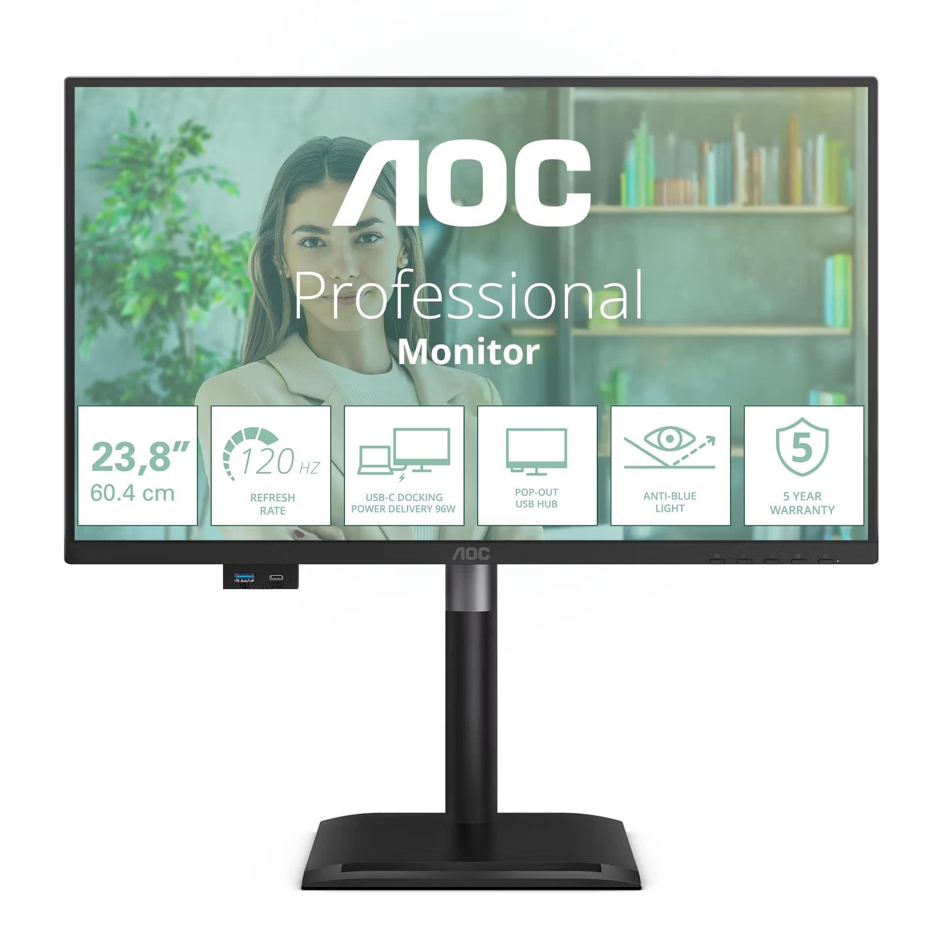 AOC MT IPS LCD WLED 23,8palcový 24P4CV - IPS panel, 1920x1080, 120Hz, HDMI, DP, USB-C, USB Hub, RJ45, Pivot, repro