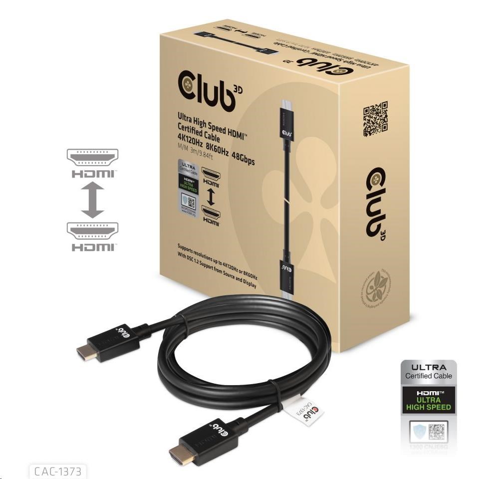 Club3D Kabel Ultra Rychlý HDMI Certifikovaný, 4K 120Hz, 8K60Hz, 48Gbps M/M, 3m, 28 AWG