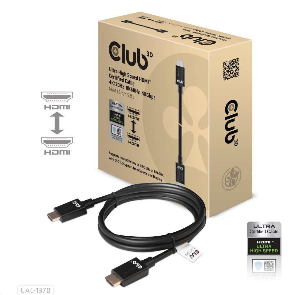 Club3D Adaptér HDMI 2.1 Ultra Rychlý HDMI Certifikovaný 4K120Hz, 8K60Hz, 48Gbps (M/M 1.5 m/4.92 ft), 28 AWG