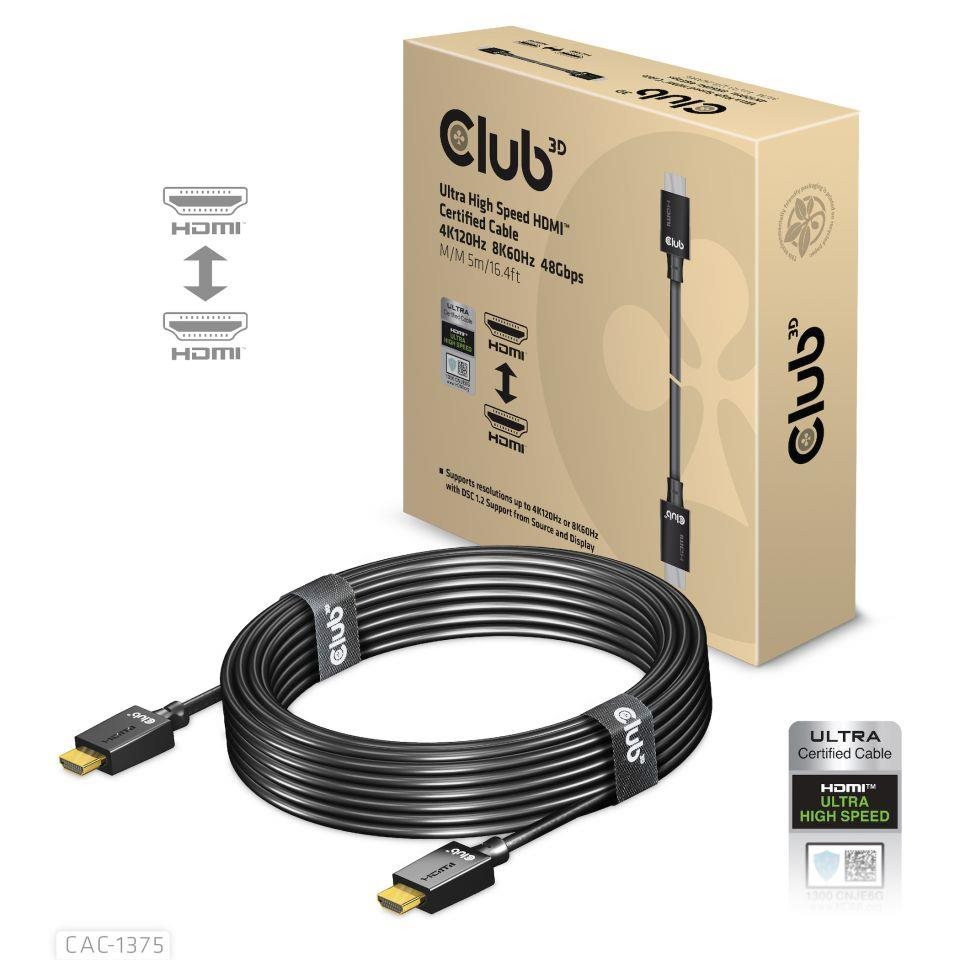 Club3D Ultra Rychlý HDMI Certifikovaný, 4K120Hz 8K60Hz 48Gbps M/M 5m/16.4ft, 28 AWG