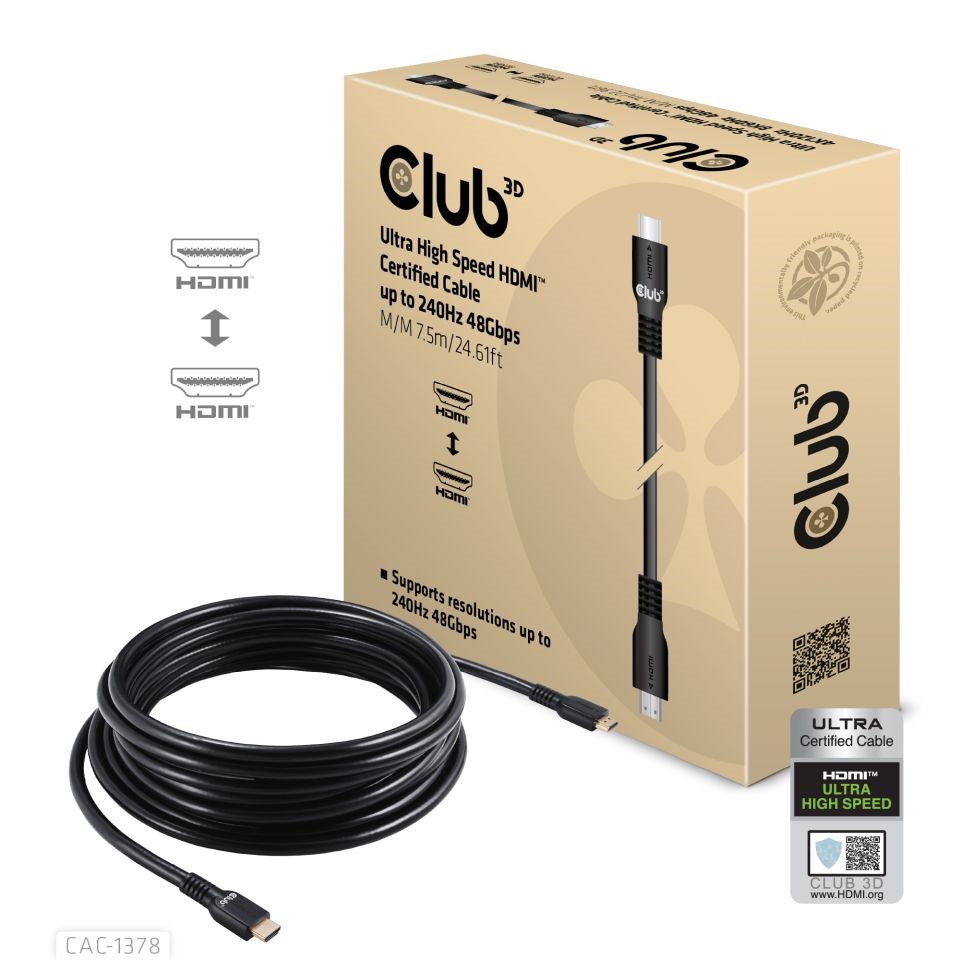 Club3D Kabel HDMI, Ultra Rychlý HDMI Certifikovaný Cable, 4K120Hz/ 8K60Hz, 7.5m