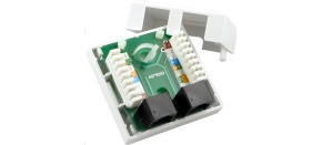 Zásuvka UTP 2x RJ45 Cat5E, duální svorkovnice, na omítku Zásuvka UTP 2x RJ45 Cat5E, duální svorkovnice, na omítku