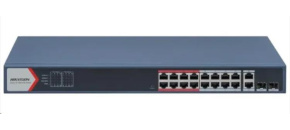 Hikvision DS-3E1318P-EI(B), Smart managed switch 16x100TX PoE + 2x Gb Uplink Combo port, 230W, Super PoE- dosah až 300m