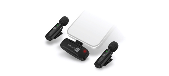 CONNECT IT Mikrofon ClipMic, 2x Bezdrátový Lavalier mikrofón s přijímačem, USB-C konektor, černá