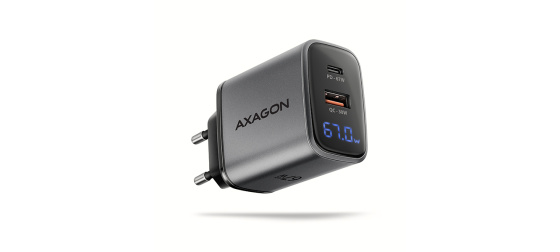AXAGON ACU-PQ67D – 67W GaN síťová nabíječka s LCD (USB-C + USB-A)