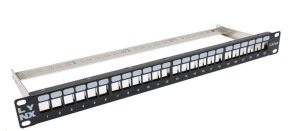 LYNX Patch panel, 19'', 24 portů, 1U, Cat5e/6/6A/7, neosazený, stíněný, vyvazovák, černý