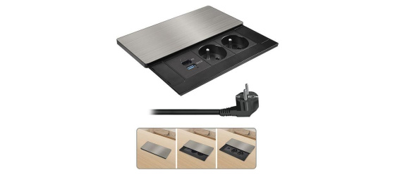 Solight vestavný blok zásuvek s posuvným krytem, 2 zásuvky, USB A+C 20W PD, 2m, stříbrný