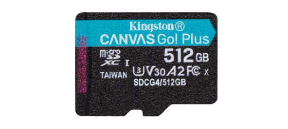 Kingston MicroSDXC karta 512GB Canvas Go! Plus, R:200/W:160MB/s, Class 10, UHS-I, U3, V30, A2 + Adaptér