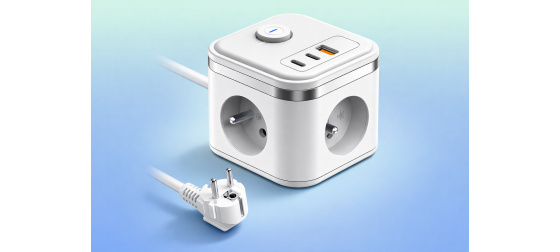 Viking síťový adaptér YC33, 3x 230 V, 1x USB-A, 2x USB-C, tlačítko ON/OFF, délka 1,4 m, bílá