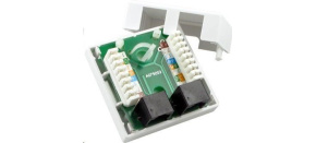 Zásuvka UTP 2x RJ45 Cat5E, duální svorkovnice, na omítku Zásuvka UTP 2x RJ45 Cat5E, duální svorkovnice, na omítku