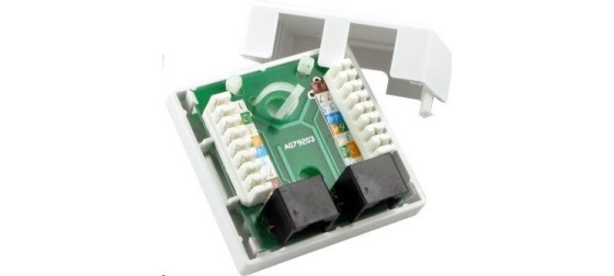 Zásuvka UTP 2x RJ45 Cat5E, duální svorkovnice, na omítku