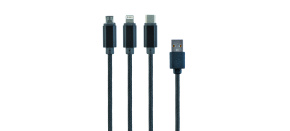 GEMBIRD Kabel USB A Male/Micro B + Type-C + Lightning, 1m, opletený, černý, blister