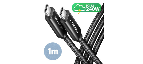 AXAGON BUCM2-CM10AB, CHARGE kabel USB-C <-> USB-C, 1m, Hi-Speed USB, PD 240W 5A, ALU, oplet, černý