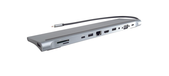 PREMIUMCORD Dokovací stanice USB-C 10v1, 1xHDMI, 1xVGA, 2xUSB-C, 3xUSB, 1xRJ45, čtečka SD karet, šedá